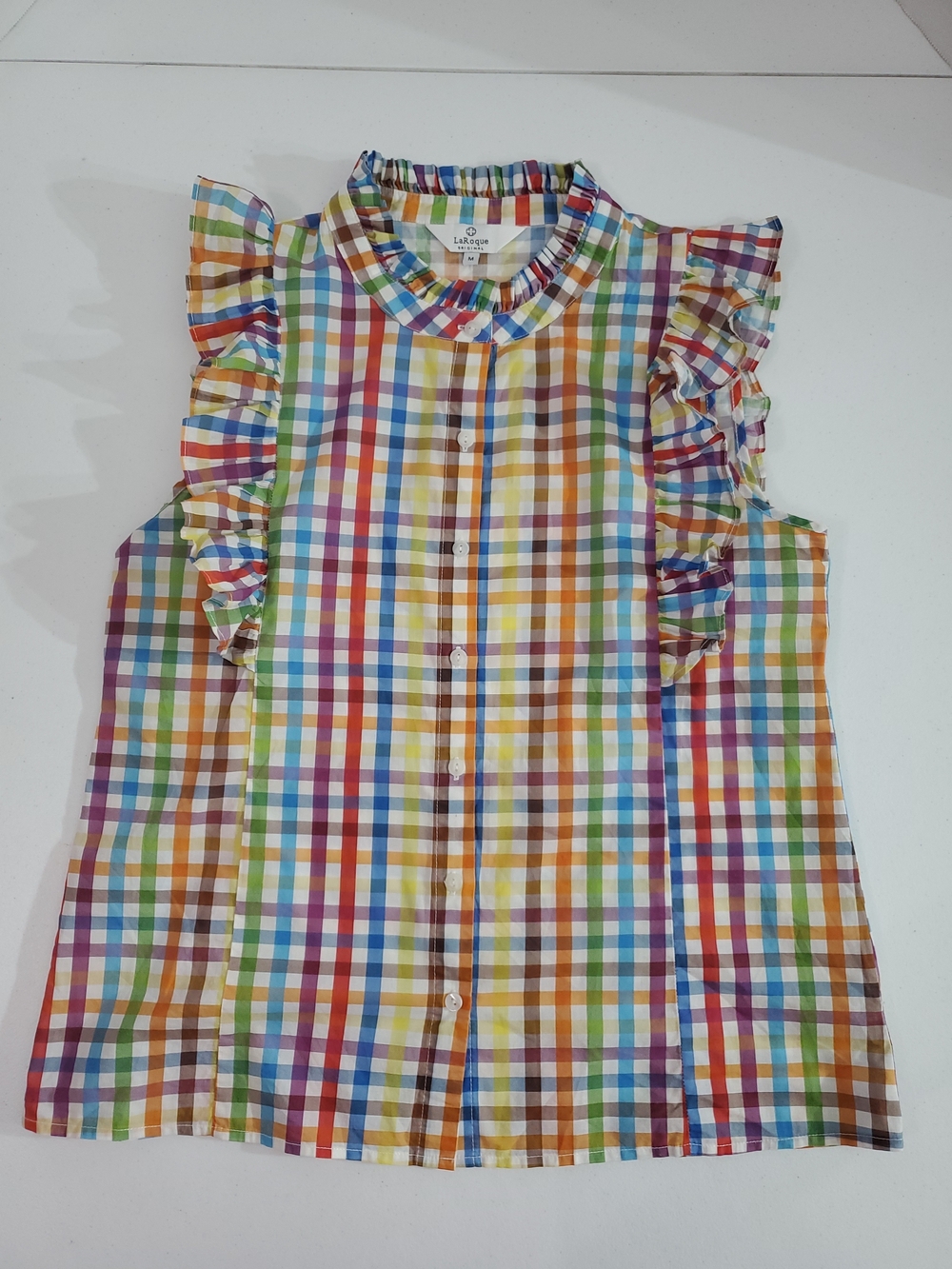 Coquette Multicolor Plaid Ruffle-Sleeve Button Blouse